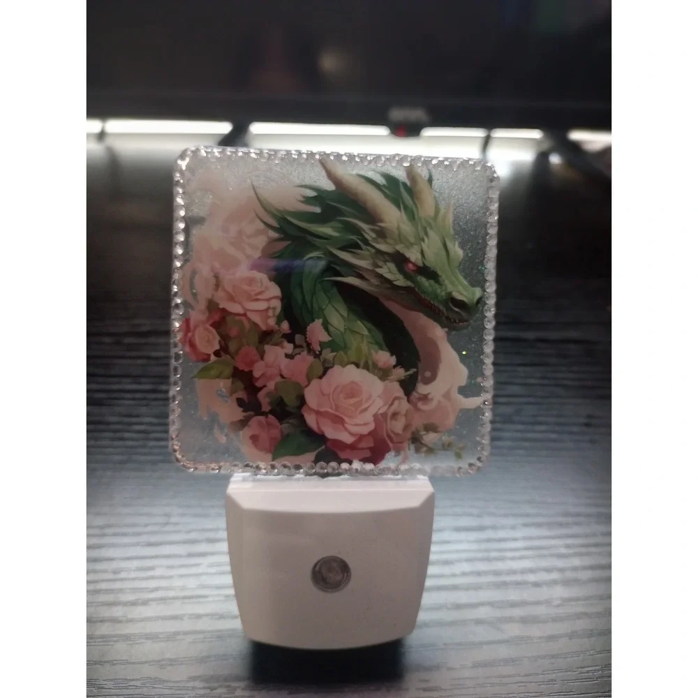 Dragon Night Light Plug-In LED Floral Fantasy Green Dragon Roses Decorative Lamp
